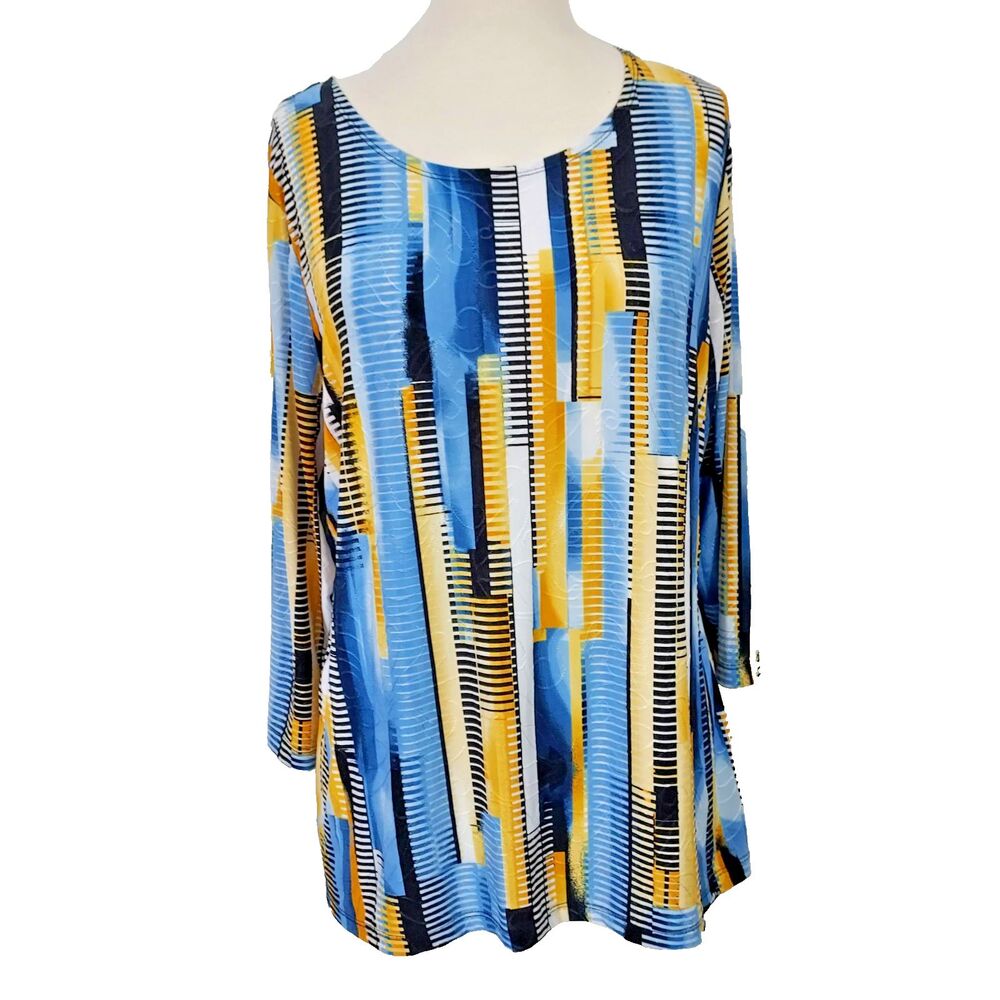 JM Collection Shirt Top Colorful Stretch Womens Size XL Textured Blue Yellow
